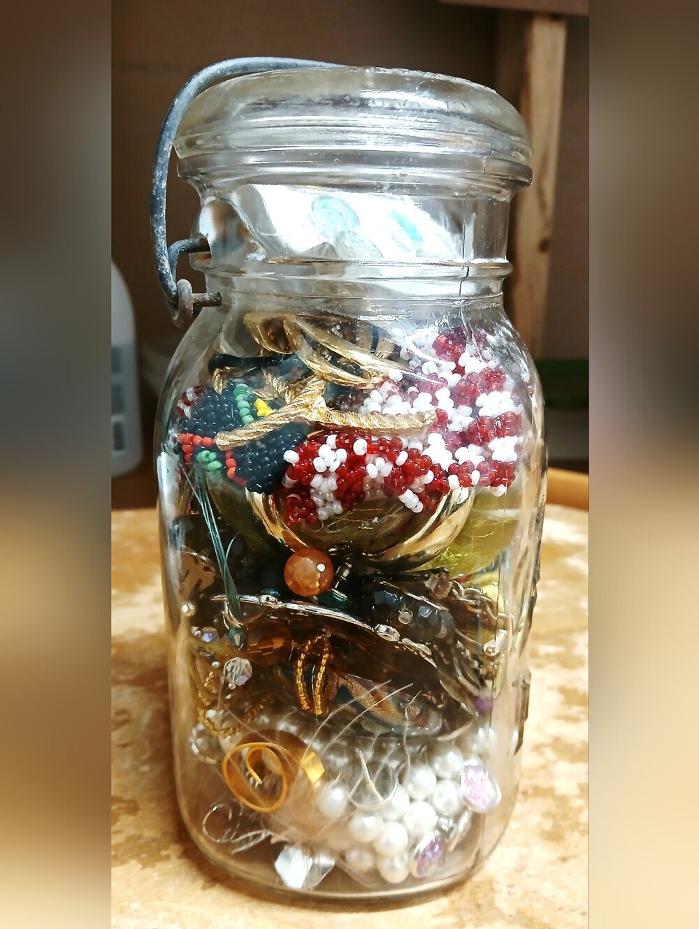 Mason Jar Filled with Assorted Costume Jewelry For Crafting